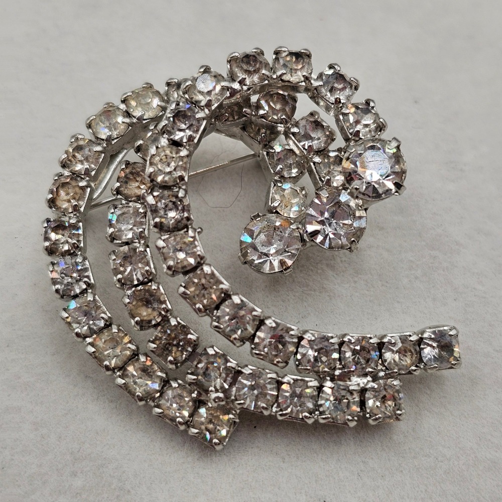 Vintage Rhinestone Swirl Brooch Silver Tone Clear Glam Formal Bridal Wedding